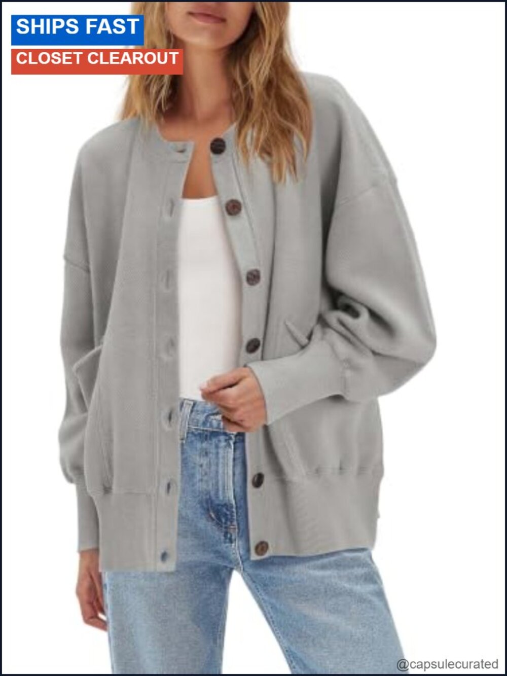 Oversized Cardigan Sweatshirt for Women, Long Sleeve Button Up, Lightweight
